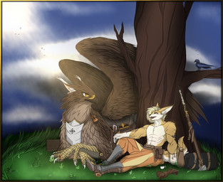athletic clothed clothing fantasy female group male mount muscular resting royalty topless topless_male warrior weapon wings snowiefeather mythology avian canid canine fox gryphon hybrid mammal mythological_avian mythological_creature hi_res