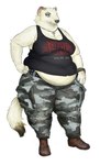 anthro belly belly_overhang belt bottomwear breasts camo cargo_pants clothing female footwear fur hand_on_hip jewelry necklace overweight overweight_anthro overweight_female pants shirt shoes simple_background solo standing tank_top topwear white_background white_body white_fur cettus maren_sommer mammal mustelid musteline stoat true_musteline weasel 2022 hi_res