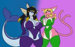 anthro areola areola_slip big_breasts breasts camel_toe clothing corset duo female gloves hair handwear legwear lingerie looking_at_viewer stockings tail topwear wide_hips latiar swissy_(artist) nintendo pokemon eeveelution espeon generation_1_pokemon generation_2_pokemon pokemon_(species) vaporeon