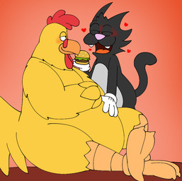 4_fingers anthro bedroom_eyes black_body black_fur blush burger clothing duo eyes_closed feathers feeding fingers food fur gloves grey_body grey_fur half-closed_eyes hand_on_belly handwear heart_symbol male narrowed_eyes open_mouth orange_background seductive simple_background white_clothing white_gloves white_handwear yellow_body yellow_feathers pt80s0up family_guy ernie_the_giant_chicken scratchy_(the_simpsons) avian bird chicken domestic_cat felid feline felis galliform mammal phasianid