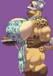 2019 anthro apron apron_only big_breasts big_muscles biker breasts brown_body brown_fur clothing ear_piercing elderly_female eyewear female food fur gideon glasses grandmother_(lore) grandparent_(lore) grey_hair hair hair_bun hand_on_hip hi_res huge_breasts hyena jewelry mammal markings mature_anthro mature_female maude_hyena mostly_nude multicolored_body multicolored_fur muscular muscular_female necklace old piercing pose simple_background smile solo spots spotted_body spotted_fur spotted_hyena tan_body tan_fur topwear two_tone_body two_tone_fur white_body white_fur white_hair
