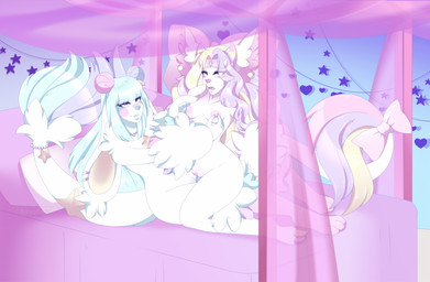 accessory anthro bed bedroom bow_(feature) bow_accessory bow_ribbon breasts copyright_symbol duo feet female female/female femboy fluffy fur furgonomics furniture genitals long_tail looking_pleasured masturbation nipple_fetish nipple_play nipples pillow ribbons symbol tail tail_accessory tail_bow tail_ribbon vulva konomofu mythology unknown_species cel_shading hi_res shaded