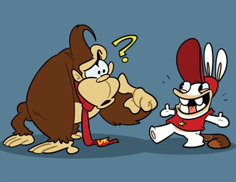 4_fingers 4_toes all_fours anthro black_eyes black_mouth blue_background brown_body brown_fur buckteeth buckteeth_(lower_incisors) clothed clothed_anthro clothed_male clothing confusion conjoined_eyes duo fake_tail featureless_feet feet finger_on_face fingers fur happy hat headgear headwear lidded_eyes long_ears male mitten_hands mostly_nude mostly_nude_anthro mostly_nude_male necktie necktie_only noseless pawpads pink_tongue question_mark red_clothing red_hat red_headwear red_necktie red_shirt red_tank_top red_topwear shirt simple_background spread_arms tan_body tan_inner_ear tan_pawpads tan_skin tank_top teeth toes tongue topwear white_body white_fur beapeabear donkey_kong_(series) mario_bros mario_plus_rabbids_kingdom_battle nintendo raving_rabbids rayman_(series) ubisoft donkey_kong_(character) fan_character rabbid_diddy_kong kong lagomorph mammal primate rabbid 2018 crossover digital_drawing_(artwork) digital_media_(artwork) english_description flat_colors