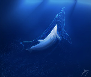 ambiguous_gender blue_background bubble dolphin_tail dorsal_fin feral fin realistic_feral simple_background solo swimming underwater water white_body white_fins cetaceaus aquatic bottlenose_dolphin cetacean dolphin mammal oceanic_dolphin toothed_whale 2025 absurd_res blue_and_white hi_res monochrome watermark