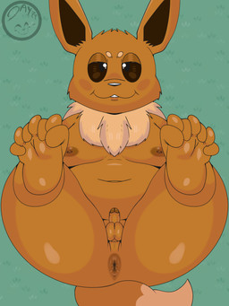 3_toes anthro anus balls belly big_butt blush butt chubby_cheeks feet fingers genitals hair holding_feet humanoid_genitalia humanoid_penis lying male mane mane_hair navel nipples on_back penis presenting presenting_hindquarters slightly_chubby slightly_chubby_male small_penis smile solo toes day74art nintendo pokemon eevee generation_1_pokemon pokemon_(species) 3:4 hi_res