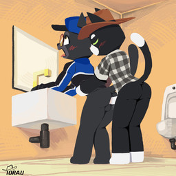 ahegao anal anal_penetration anthro bathroom black_body black_fur blue_clothing blue_jacket blue_topwear blush checkered checkered_clothing clothing cowboy cowboy_hat duo eyewear fur glasses grabbing_from_behind hat headgear headwear jacket looking_pleasured male male/male mirror pattern_clothing penetration public_restroom sex sink sunglasses topwear urinal wearing_glasses white_body white_fur torau pixile_studios super_animal_royale torau_(torau) domestic_cat felid feline felis mammal tuxedo_cat 1:1 animated animated_gif short_playtime