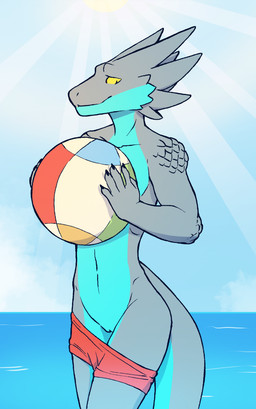 andromorph anthro athletic athletic_andromorph athletic_anthro athletic_intersex ball beach_ball black_claws blue_body bottomwear bottomwear_down claws clothed clothing cloud day embarrassed embarrassing_exposure genitals grey_body grey_scales holding_ball holding_object inflatable intersex light light_beam looking_away looking_down mouth_closed multicolored_body no_irises partially_clothed partially_clothed_andromorph partially_clothed_anthro partially_clothed_intersex pupils red_bottomwear red_clothing red_shorts scales shorts shorts_down sketchy slit_pupils solo standing sun sunbeam sunlight tail two_tone_body two_tone_tail vulva wardrobe_malfunction water yellow_sclera morgdl drayk_dagger shurian 2026 absurd_res hi_res