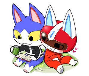 anthro armor blue_body blue_fur blush book chibi duo fur headgear heart_symbol helmet male male/male reading superhero visor white_body white_fur hinako_iroiro animal_crossing nintendo kid_cat_(animal_crossing) tom_(animal_crossing) domestic_cat felid feline felis mammal