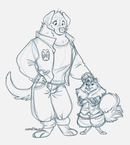 anthro bottomwear clothing crossed_arms denim denim_clothing duo eyes_closed feet fluffy fluffy_tail grumpy hand_on_head hand_on_hip hindpaw jacket male neck_tuft pants paws shirt shorts simple_background size_difference smile standing tail topwear tuft white_background zipper conditional_dnp sefeiren bird_dog canid canine canis domestic_dog hunting_dog labrador mammal pomeranian retriever spitz digital_media_(artwork) hi_res sketch