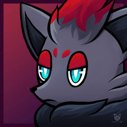 ambiguous_gender black_body black_fur black_hair black_inner_ear black_nose blue_eyes chest_tuft eye_markings feral fluffy fluffy_chest fluffy_hair fur gradient_background grey_body grey_fur hair head_markings head_tuft markings multicolored_body pupils red_body red_eyelids red_fur red_hair simple_background slit_pupils solo tuft two_tone_body white_pupils aiex571 nintendo pokemon generation_5_pokemon pokemon_(species) zorua 1:1 2023 absurd_res colored digital_drawing_(artwork) digital_media_(artwork) headshot_portrait hi_res icon portrait signature watermark