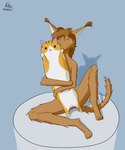 anthro arm_tuft blue_background ear_tuft eyes_closed female fur hair hug hugging_object hugging_pillow leg_tuft nude orange_body orange_fur pillow simple_background solo tuft nikomeow longcat felid feline mammal 5:6 absurd_res hi_res meme