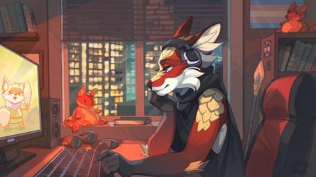 anthro biped book breasts claws clothed clothed_anthro clothed_female clothing computer electronics female fingers inside night plushie side_view sitting smile solo window cordi tunic_(video_game) ruin_seeker mammal pangolin 16:9 2026 digital_drawing_(artwork) digital_media_(artwork) hi_res widescreen