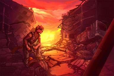 anthro boots bottomwear brown_body brown_fur bus car city clothing commercial_vehicle detailed_background footwear fur gun hair male pants post-apocalyptic public_transportation ranged_weapon red_hair rifle ruins shoes solo step_pose sunset tan_body tan_fur topwear vehicle vehicle_for_hire vest weapon mingchee loke felid mammal 2013 3:2 digital_media_(artwork) warm_colors
