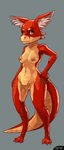 anthro breasts captaincob claws digitigrade eyelashes female fluffy_ears genitals grey_background hand_on_hip hi_res kobold looking_at_viewer nipple_piercing nipples non-mammal_breasts nude orange_body orange_eyes orange_scales piercing pink_nipples pussy red_(captaincob) red_body red_scales scales scalie simple_background solo wide_hips