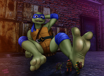 2_toes action_figure anthro feet foot_focus group hand_behind_head male mask micro open_mouth plantigrade shell sitting soles toes toy super_kubo teenage_mutant_ninja_turtles leonardo_(tmnt) reptile scalie turtle absurd_res digital_media_(artwork) hi_res