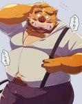 anthro belly big_belly blush bottomwear brown_body clothing eyewear glasses kemono male overweight overweight_male pants shirt simple_background solo suspenders topwear emufu crave_saga brando_(crave_saga) mammal suid suina sus_(pig) wild_boar 2023 hi_res