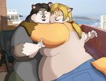 anthro belly big_belly big_breasts blonde_hair bottomwear breasts brown_body brown_eyes brown_fur brown_hair clothing duo female fur hair hug male markings mole_(marking) multicolored_body multicolored_fur obese obese_anthro obese_female obese_male one_eye_closed open_mouth orange_body orange_fur overweight overweight_anthro overweight_female overweight_male pants ponytail shirt topwear two_tone_body two_tone_fur xxsparcoxx michelle_(xxsparcoxx) wildert_(xxsparcoxx) canid canine canis fox mammal wolf 2014 digital_media_(artwork)