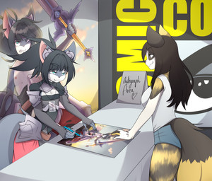 anthro areola autograph badge bottomwear character_signature clothed clothing comic_con duo eye_contact fangs female femboy fur hair holding_object holding_pen holding_writing_utensil hotpants looking_at_another male minishorts nipples pen poster shirt shorts smile standing tail tank_top teeth text topwear writing_utensil pucco calico_cat domestic_cat felid feline felis mammal absurd_res digital_media_(artwork) hi_res gynomorph_(lore)