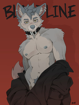anthro areola athletic athletic_male barbell_piercing blush brown_eyes clothed clothing collar countershade_torso countershading ear_piercing fluffy fluffy_tail grey_body grey_hair hair inner_ear_fluff looking_at_viewer male muscular muscular_anthro muscular_male nipple_piercing nipples obliques pecs piercing pose simple_background solo tail text topless trapezius tuft v-cut evvi canid mammal 2026