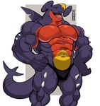 abs anthro bulge clothed clothing male muscular muscular_anthro muscular_male navel open_mouth pecs simple_background solo speedo swimwear topless white_background darknaigart nintendo pokemon garchomp generation_4_pokemon pokemon_(species) absurd_res hi_res