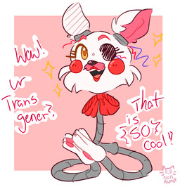 ambiguous_gender anthro cheek_tuft clapping claws eyebrows facial_tuft fingers fur grey_body head_tuft lipstick machine makeup open_mouth open_smile pawpads pink_background pink_body pink_fur pink_inner_ear pink_pawpads red_cheeks ribbons simple_background smile solo text tuft white_background white_body white_fur nullkunstt five_nights_at_freddy's five_nights_at_freddy's_2 scottgames mangle_(fnaf) animatronic canid canine fox mammal robot 2020 english_text hi_res