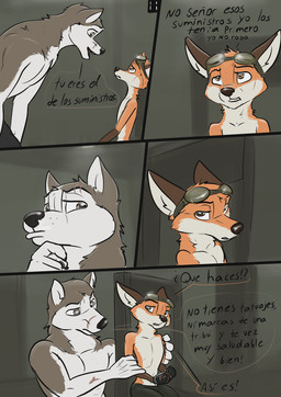 anthro brown_eyes dialogue duo ears_back examination eye_scar eyewear eyewear_on_head facial_scar goggles goggles_on_head intimidation male pivoted_ears scar size_difference text wolfyalex96 canid canine canis domestic_dog fox husky mammal nordic_sled_dog spitz comic hi_res spanish_text translated