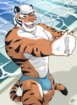 abs anthro baseball_cap beach biceps blue_clothing blue_speedo blue_swimwear bulge claws clothed clothing eyes_closed fangs finger_claws fur hat headgear headwear high-angle_view male muscular muscular_anthro muscular_male open_mouth outside pecs pose quads sand seaside sharp_teeth shore skimpy solo speedo standing striped_body striped_fur stripes swimwear teeth tongue triceps water whiskers white_clothing white_hat white_headwear wolfybuns felid mammal pantherine tiger 2022 hi_res pinup portrait signature three-quarter_portrait