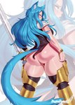 armor big_butt blue_hair bottomless butt clothed clothing female hair huge_butt melee_weapon rear_view solo weapon pashapencil animal_humanoid cat_humanoid felid felid_humanoid feline feline_humanoid humanoid mammal mammal_humanoid 2023 hi_res