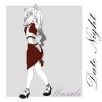 anthro clothed clothing colored_fur datenight dress female fur hair looking_at_viewer red_clothing simple_background smile solo text topwear white_body white_fur wasabi_kitt canid canine canis domestic_dog husky mammal nordic_sled_dog spitz 1:1 digital_media_(artwork) english_text greyscale hi_res monochrome