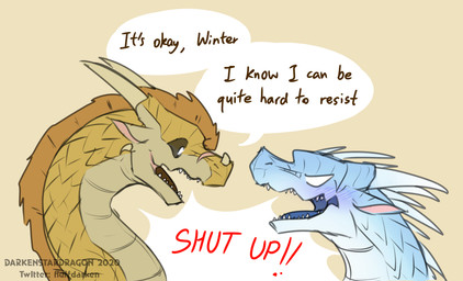 ambiguous_gender angry black_sclera blue_body blue_scales blush brown_body brown_scales dialogue duo facial_scar feral horn long_neck looking_at_another nose_spike open_mouth open_smile scales scar sharp_teeth smile snout speech_bubble talking_to_another teeth text darkenstardragon mythology wings_of_fire qibli_(wof) winter_(wof) dragon icewing_(wof) mythological_creature mythological_scalie sandwing_(wof) scalie 2020 absurd_res english_text hi_res male_(lore)