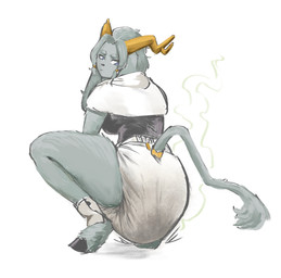 accessory anthro antlers biped blue_eyes breasts capelet clothed clothing crouching diaper eyebrows feces female fur grey_body grey_fur grey_hair hair hair_accessory hair_ring hooves horn looking_back motion_outline pantsless_anthro pantsless_female pooping rabbit_ears rear_view soiled_diaper soiling soiling_diaper solo spats stink_fumes tail tail_tuft thick_eyebrows tuft unclean_diaper used_diaper using_diaper wearing_diaper white_capelet white_clothing yellow_horn eggddemon pseudoregalia sybil_(pseudoregalia) bovid caprine goat jackalope lagomorph mammal hi_res