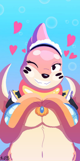 2_tails black_body black_fur breasts bubble clothing elbow_fin female feral flotation_sac forked_tail fur heart_symbol jewelry maid_headdress maid_uniform markings multi_tail navel necklace one_eye_closed orange_body orange_fur simple_background slightly_chubby smile solo tail tan_body tan_fur teeth thick_thighs uniform unusual_anatomy unusual_tail whisker_markings wink fulgito_ast nintendo pokemon umiko_(fidchellvore) buizel generation_4_pokemon pokemon_(species) hi_res