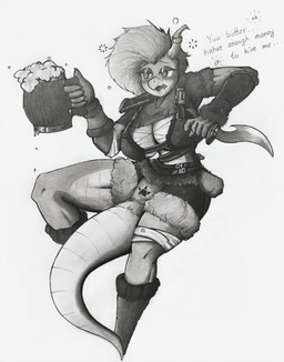 alcohol anthro beer beverage big_breasts breasts clothed clothing drunk female knife solo substance_intoxication tail spiritdeer mythology lrina_(spiritdeer) dragon mythological_creature mythological_scalie scalie absurd_res hi_res