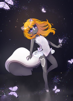 anthro big_tail blonde_hair clothing cosmic_background feet female fingerless_(marking) flat_chested fluffy fluffy_tail fur genitals grey_body grey_fur hair heart_(marking) lingerie markings multicolored_body multicolored_fur nipples on_one_leg purple_eyes solo space space_background standing star tail teddy_(clothing) toeless_(marking) translucent translucent_clothing vulva white_body white_fur young psi_(artist) lolly_(butterscotchlollipop) arthropod butterfly insect lepidopteran mammal mephitid skunk absurd_res hi_res