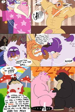anthro body_swap clothing erlenmeyer_flask fur genitals hair laboratory_equipment laboratory_glassware male multicolored_body musclegut muscular muscular_arms muscular_pecs orange_hair overweight overweight_anthro overweight_male penis pink_body pink_fur potion potion_bottle red_hair red_spikes robe robe_only scientific_instrument spikes text tuft undressed yellow_body yellow_fur grizzlyear34 mythology bruce_(grizzlyear34) emmanuelin_(emmanuelin13) fred_(adamthefool) grudo_(grudomoka) animal_humanoid bear dragon dragon_humanoid humanoid lagomorph lagomorph_humanoid leporid leporid_humanoid mammal mammal_humanoid mythological_creature mythological_scalie rabbit rabbit_humanoid scalie 2:3 absurd_res english_text hi_res