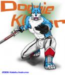 abs anthro armor belt biceps biped blue_body blue_fur bottomwear claws clothed clothing crouching fangs fur gloves handwear kneeling male muscular muscular_anthro muscular_male open_mouth pants pecs pose solo teeth tongue topless weapon white_body white_fur inotetu power_rangers doggie_kruger 2006