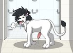 after_transformation all_fours animal_genitalia animal_penis bathroom black_body black_fur black_hair bodily_fluids breath brown_eyes cum cum_drip dripping dripping_penis drooling feline_genitalia feline_penis feral flaccid floor fur genital_fluids genitals hair looking_back_at_self male mane nude open_mouth panting pawpads paws penis pink_inner_ear pink_pawpads quadruped saliva saliva_string shower solo standing tail teeth tile tile_floor tongue tongue_out transformation tuft white_body white_fur fox0808 felid lion mammal pantherine 2014 colored