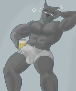 alcohol anthro aroused beer beer_mug beverage black_body black_fur blush bodily_fluids boxers_(clothing) boxers_only bulge clothed clothing drunk ear_piercing ear_ring eyebrows fur genital_fluids genitals hand_behind_head holding_beer holding_object leaking_precum looking_down male nipples pecs penis piercing precum precum_through_clothing precum_through_underwear ring_piercing simple_background sitting solo substance_intoxication throbbing throbbing_penis topless underwear underwear_only wet wet_clothing fluffwuf canid canine canis domestic_dog mammal 5:6 absurd_res hi_res