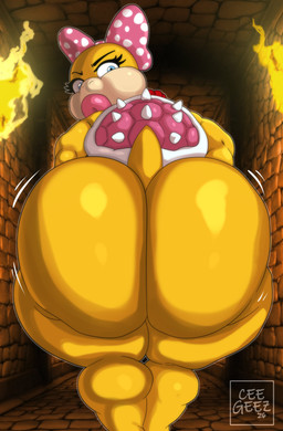 anthro big_butt butt butt_focus butt_jiggle castle eyebrows eyelashes female huge_butt jiggling lips long_eyelashes looking_back motion_lines presenting presenting_hindquarters raised_eyebrow solo thick_lips thick_thighs torch walking ceegee mario_bros nintendo koopaling wendy_o._koopa dragon_koopa koopa scalie 2026 absurd_res hi_res