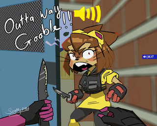 angry anthro black_clothing black_fingerless_gloves black_gloves black_handwear black_skinsuit brown_hair bulletproof_vest clothing cosplay crossover_cosplay dialogue duo explosives eyebrows eyelashes eyewear eyewear_on_head female fingerless_gloves first_person_view gloves goggles goggles_on_head grenade hair handwear holding_knife holding_object imminent_death knife looking_at_viewer male short_hair skinsuit talking_to_viewer text tight_clothing volume_bar weapon whiskers yellow_clothing scottyscottyart counter-strike door_stuck gameoverse glitch_productions valve gobbles_(gameoverse) kit_bodega dinosaur domestic_cat felid feline felis mammal prehistoric_species reptile scalie 2026 5:4 artist_name crossover hi_res
