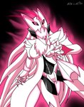 anthro aura big_breasts black_body black_sclera breasts chest_tuft claws exoskeleton fangs female glowing glowing_body glowing_eyes glowing_markings hair horn long_hair markings membrane_(anatomy) pink_body pink_claws pink_eyes solo spikes spikes_(anatomy) standing teeth tuft white_body white_hair nikku_lunatique charlie_(nikku_lunatique) canid canine canis fox mammal monster tier_(species) hi_res