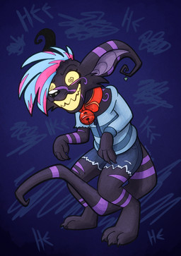 bell bell_collar black_body black_fur bottomwear clothing collar ear_piercing ear_ring fur grin grinning_at_viewer jewelry piercing purple_body purple_fur red_collar ring_piercing sharp_teeth shorts smile smiling_at_viewer solo striped_body striped_fur stripes sweater swirl_eyes teeth topwear trevor-fox trevor-fox_(character) crux hi_res nonbinary_(lore)