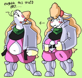 anthro belly belt big_belly blush boots clothing electronics female footwear head_thrown_back headgear headphones headset humor metal_boots navel overweight overweight_anthro overweight_female scarf shoes simple_background solo struggling wardrobe_malfunction wool_hair skyhighbaa nintendo star_fox sheeply_vilakazi bovid caprine mammal sheep shaded simple_shading sketch