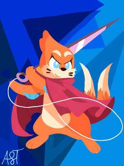 2_tails 3_fingers 3_toes anthro biped black_nose blue_background blue_eyes cape cheek_tuft clothed clothing eyelashes facial_tuft feet female fingers fur holding_melee_weapon holding_object holding_sword holding_weapon long_tail melee_weapon multi_tail orange_body orange_fur orange_tail red_cape red_clothing simple_background solo standing sword tail text toes tuft weapon fulgito_ast hollow_knight_(franchise) nintendo pokemon team_cherry hornet_(hollow_knight) buizel generation_4_pokemon pokemon_(species) 2025 3:4 artist_name hi_res