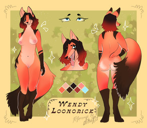 anthro big_breasts blue_eyes breasts butt dikoris eyewear female fur genitals green_background hair multicolored_hair nipples nude nude_anthro simple_background solo standing tail text tongue tongue_out two_tone_hair vulva wendy_loonorick canid canine fox mammal 2026 english_text hi_res model_sheet
