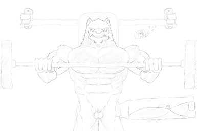 bench_press exercise genitals gym male micropenis muscular muscular_male penis small_penis weightlifting workout mistercheeks canid canine canis mammal wolf hi_res monochrome