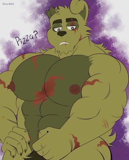 big_muscles big_pecs chest_tuft green_body grumpy male mature_male muscular muscular_male nipples pecs pubes solo text tuft shirou_muffin five_nights_at_freddy's five_nights_at_freddy's_3 scottgames springtrap_(fnaf) humanoid lagomorph leporid mammal rabbit absurd_res english_text hi_res
