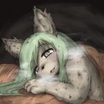 4_fingers anthro bedding black_body black_fur blanket blush bodily_fluids breasts breath female fingers fur green_eyes green_hair grey_body grey_fur hair kemono long_hair looking_at_viewer lying nude open_mouth solo sweat sirahtama canid mammal 1:1 2019 hi_res