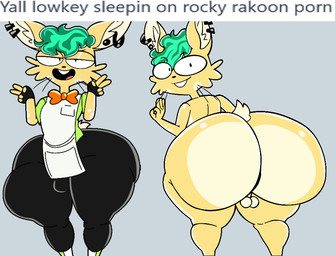 anthro balls big_butt butt clothing genitals hand_sign huge_butt huge_hips huge_thighs hyper hyper_butt hyper_hips hyper_thighs male text thick_thighs tight_clothing wide_hips furu_flami benny_(rocky_rakoon) lagomorph leporid mammal rabbit english_text