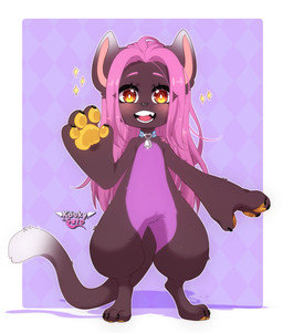 anthro bell black_body black_fur blush chibi collar female fur hair looking_at_viewer open_mouth orange_pawpads pawpads pink_body pink_fur pink_hair solo teeth tongue white_body white_fur yellow_eyes yellow_pawpads koukysato nueva_delcatte domestic_cat felid feline felis mammal hi_res